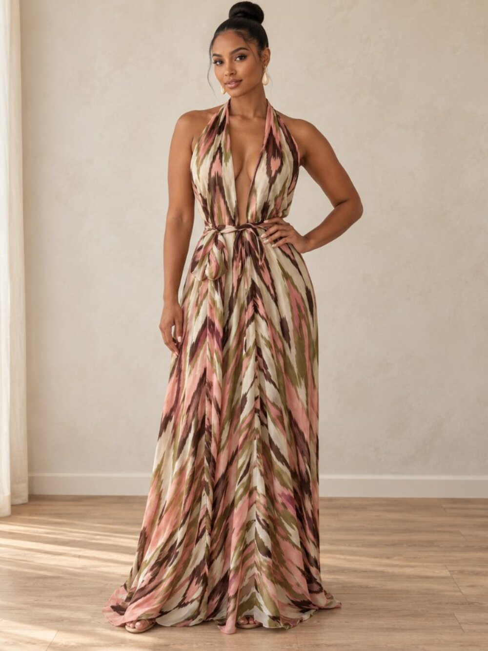 Alexis 100% Silk Elegant Multicolor Maxi Dress Tula Yoda Halter Large